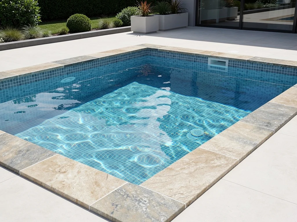 Piscine carrelée rénovée avec mosaïque bleue et margelles neuves
