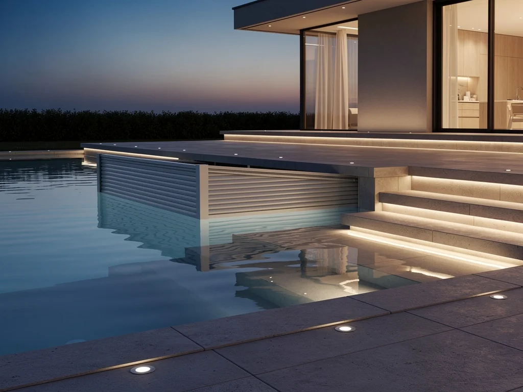 Bassin modernisé avec volet roulant immergé et éclairage LED